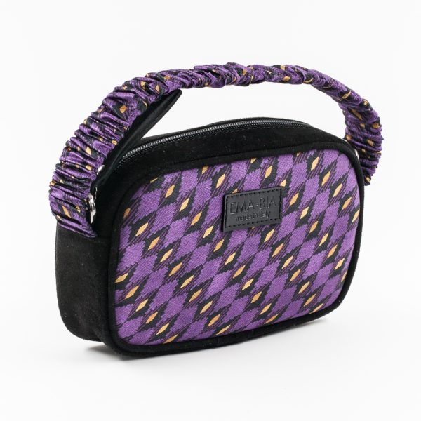mini borsa in pelle nera e seta con stampa geometrica viola