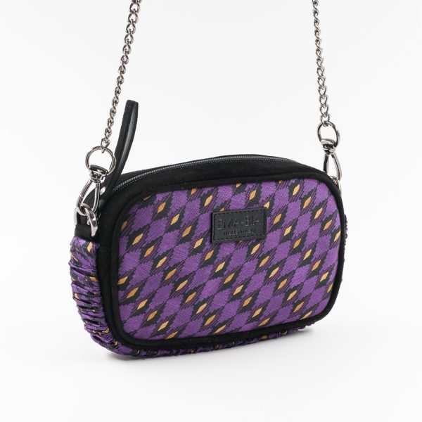 mini borsa in pelle nera e seta con stampa geometrica viola