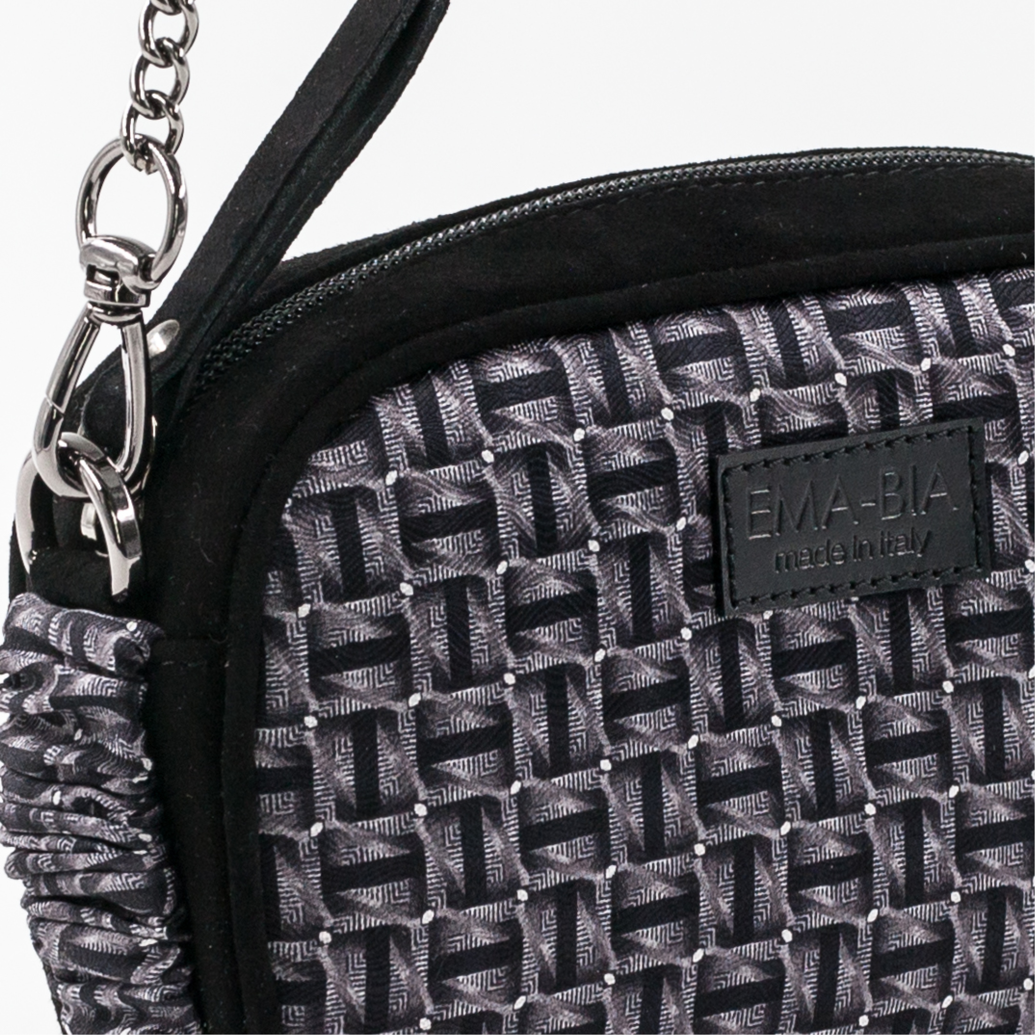 mini borsa con catenella in pelle nera e seta con stampa