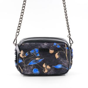 Borsa in pelle nera e seta floreale