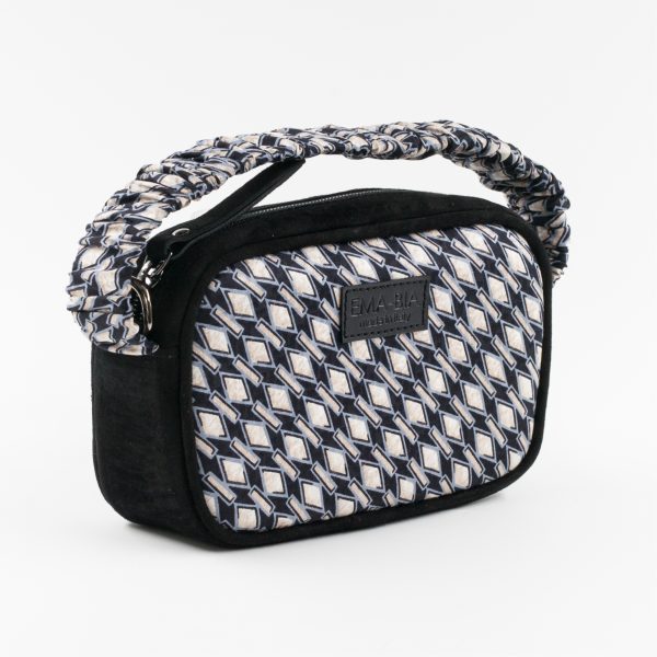 mini borsa in pelle nera e seta con stampa geometrica