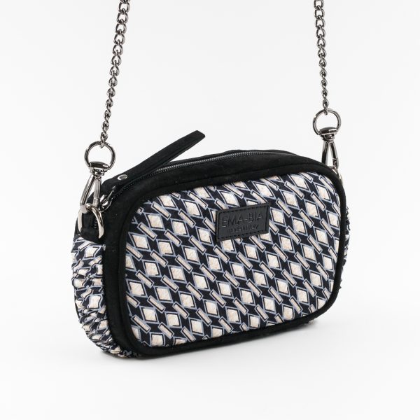 mini borsa in pelle nera e seta con stampa geometrica