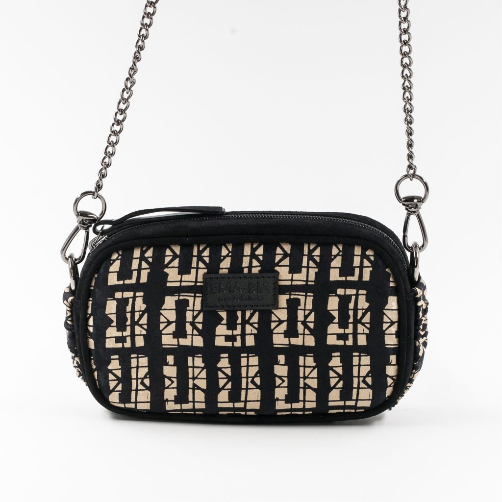 mini borsa in pelle nera e seta con stampa