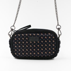 Mini borsa in pelle nera e seta con stampa gialla