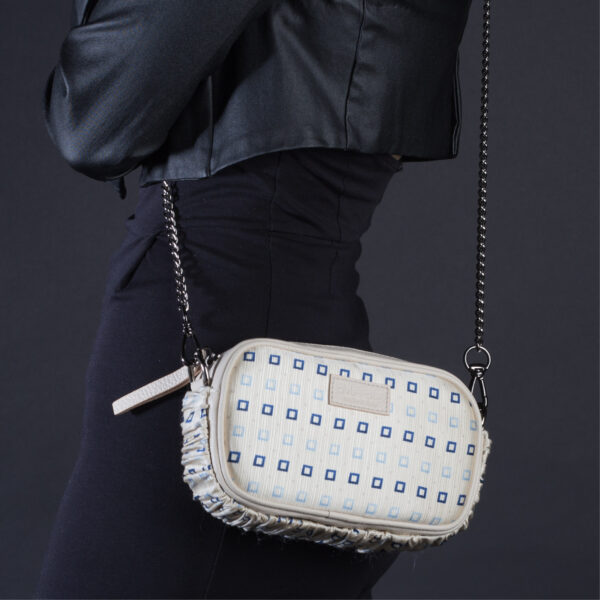 mini borsa a tracolla in pelle beige e seta