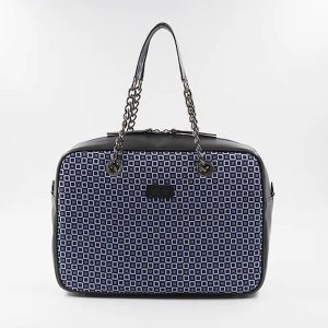 blue and black handbag in silk with geometric print