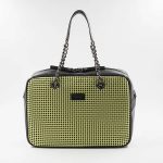 black and acid green silk handbag with print