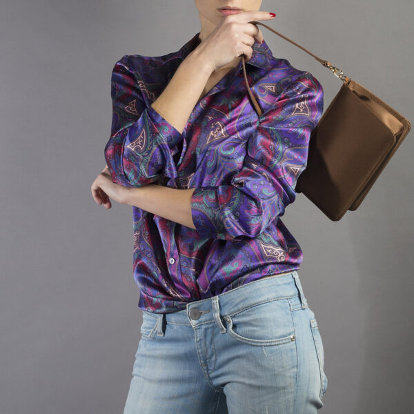 borsa in seta e pelle marrone