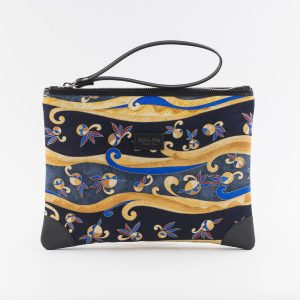Mini pochette in blue and yellow silk with geometric print