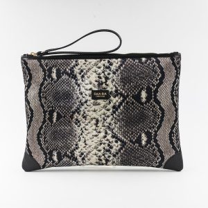 Pochette grigia e nera in seta con stampa animalier
