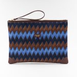 Brown and blue clutch bag in silk with geometric print