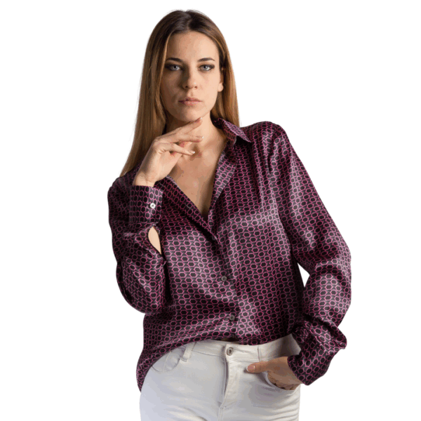 Camicia in seta base nera con stampa disegno geometrico fucsia - Silky AURORA Collezione NATURA