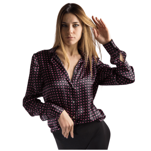 Camicia di seta nera e quadratini fucsia - Silky AURORA Collezione NATURA