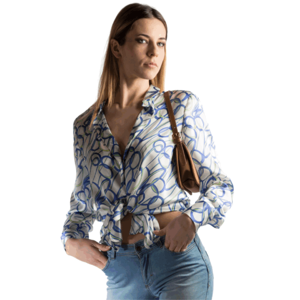 Camicia di seta bianca con stampa cerchi blu e verde acido - Silky AURORA Collezione NATURA