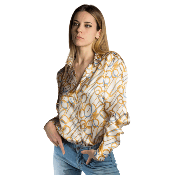 Camicia di seta base bianca stampa cerchi giallo oro - Silky AURORA Collezione NATURA