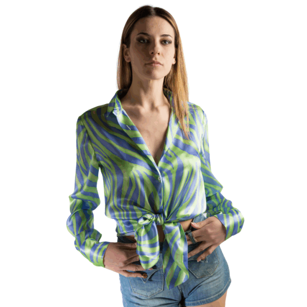 Camicia in seta verde e azzurra disegno zebrato - Silky AURORA Collezione NATURA