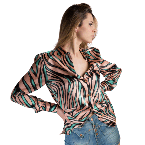 Camicia in pura seta Zebrata nero-rosa-turchese - Silky AURORA - Collezione NATURA