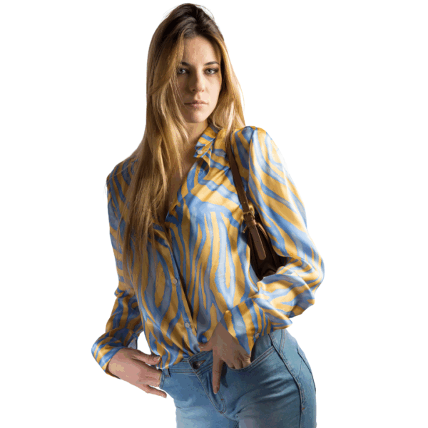 Camicia in seta fantasia zebrata giallo oro e azzurro - Silky AURORA - Collezione NATURA