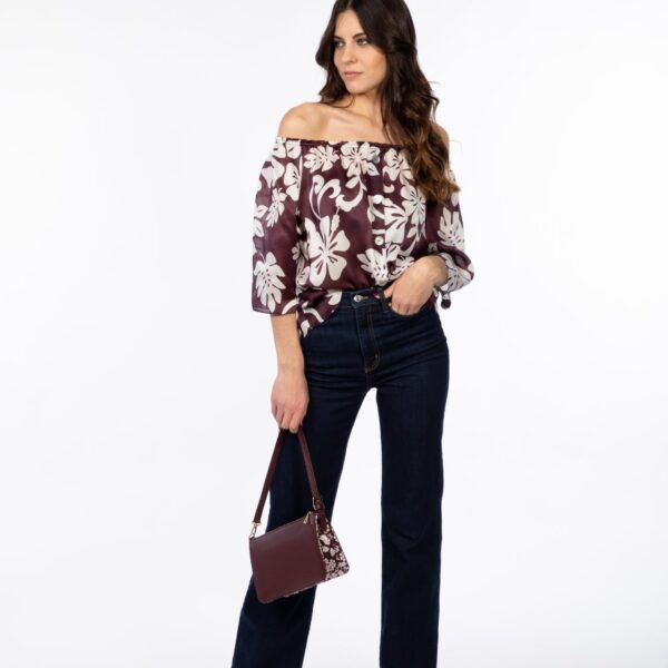 Camicia in seta stampata bianco bordeaux Silky BELLE con scollo elasticizzato - Collezione NINFEA