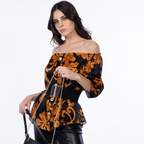 Camicia in seta stampata nero ocra Silky BELLE con scollo elasticizzato - Collezione NINFEA