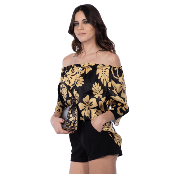Camicia in seta stampata nera e oro Silky BELLE con scollo elasticizzato - Collezione NINFEA