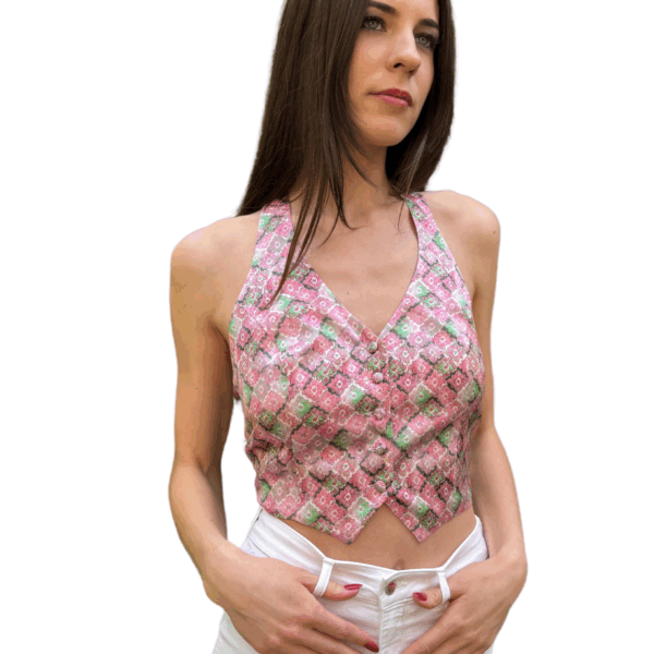 Gilet in seta stampata elasticizzata fantasia rosa - Silky VEST - Collezione NINFEA